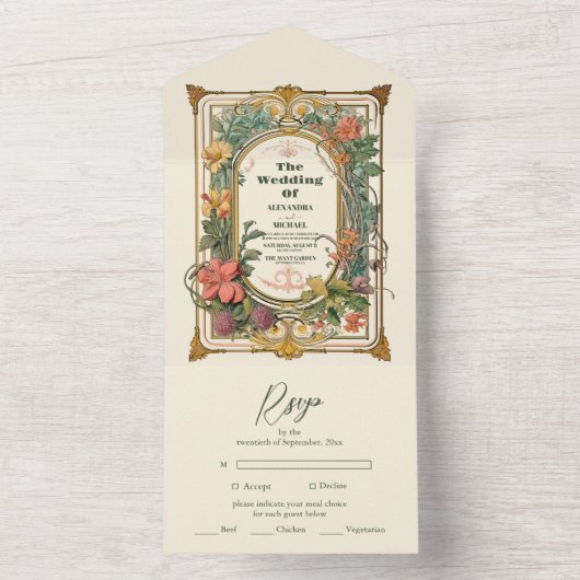  Bloemen Art Nouveau Bruiloft All In One Uitnodiging (Binnen)