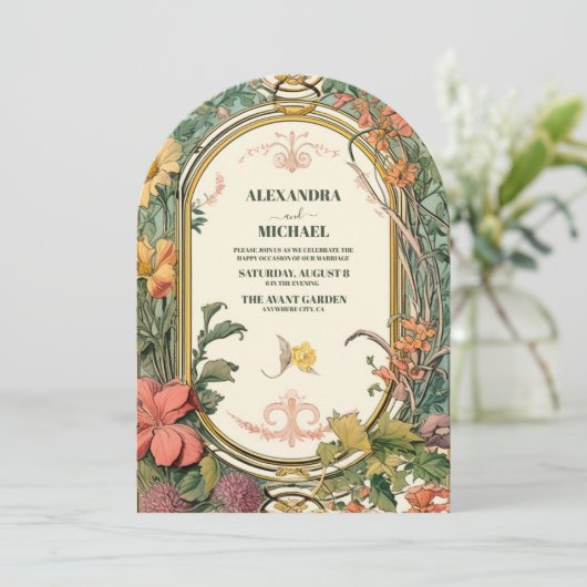  Bloemen Art Nouveau Bruiloft Kaart (Staand voorkant)