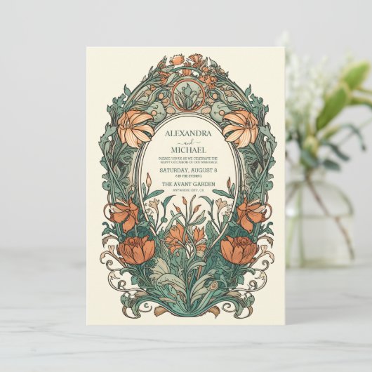 Bloemen  Art Nouveau bruiloft Kaart (Staand voorkant)