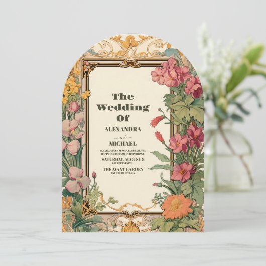  Bloemen Art Nouveau Bruiloft Kaart (Staand voorkant)