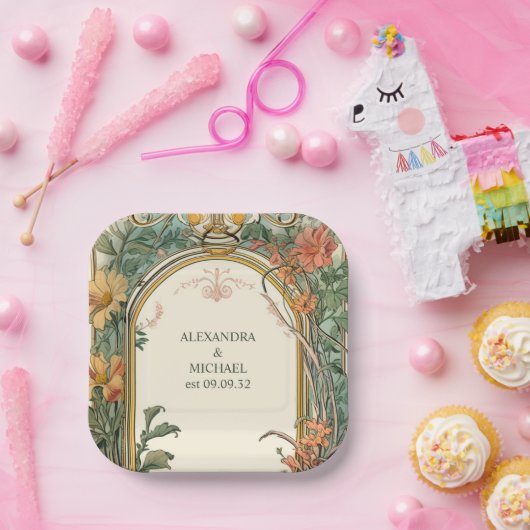 Bloemen Art Nouveau Bruiloft Papieren Bordje (Feest)