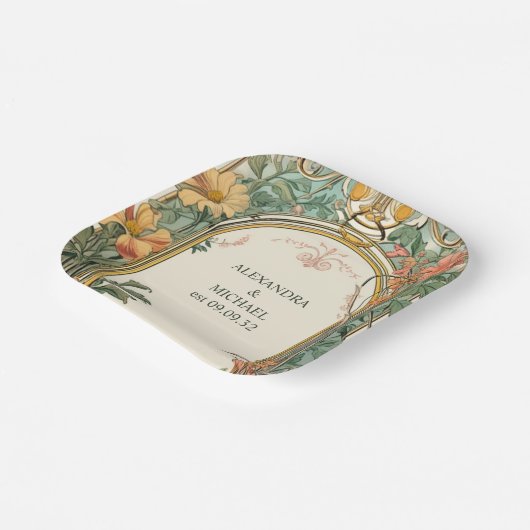 Bloemen Art Nouveau Bruiloft Papieren Bordje (Gebogen)