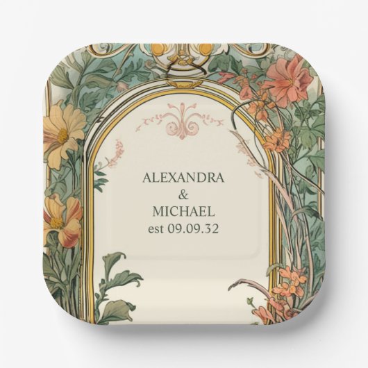 Bloemen Art Nouveau Bruiloft Papieren Bordje (Voorkant)