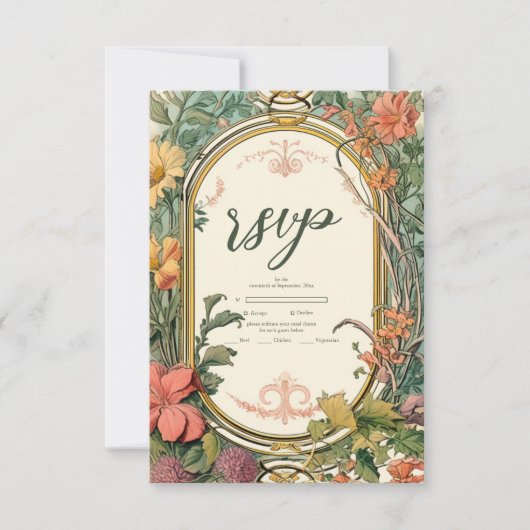 Bloemen Art Nouveau Bruiloft RSVP Kaartje (Voorkant)