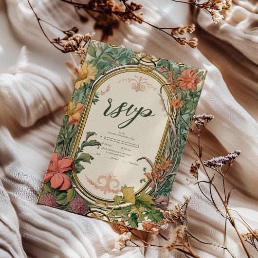  Bloemen Art Nouveau Bruiloft RSVP Kaartje