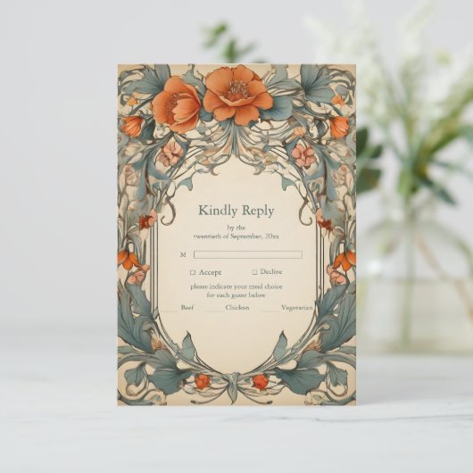  Bloemen Art Nouveau Bruiloft RSVP Kaartje (Staand voorkant)