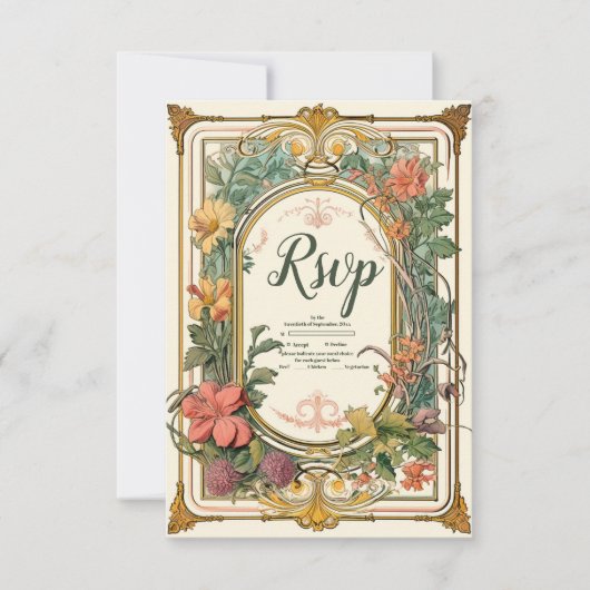  Bloemen Art Nouveau Bruiloft RSVP Kaartje (Voorkant)