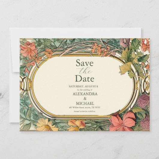  Bloemen Art Nouveau Bruiloft Save The Date (Voorkant)
