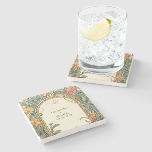 Bloemen Art Nouveau Bruiloft Stenen Onderzetter (Zijkant)