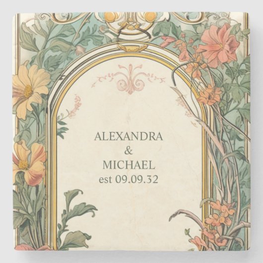 Bloemen Art Nouveau Bruiloft Stenen Onderzetter (Voorkant)