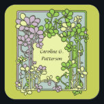 Bloemen Art Nouveau Ex-Libris Vierkante Sticker<br><div class="desc">Van een zwart-wit art nouveau draai van de eeuw ontwerp door George Auriol, bedoeld als een ex-libris (boekenplaat) voor Louis Bougenot. We hebben de originele tekening vergroot en opgeruimd (vector tracing), en vervolgens het afbeelding zelf gekleurd. Hoewel dit oorspronkelijk als boekenplaat werd gebruikt, kunt u het om elke reden gebruiken....</div>