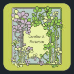 Bloemen Art Nouveau Ex-Libris Vierkante Sticker<br><div class="desc">Van een zwart-wit art nouveau draai van de eeuw ontwerp door George Auriol, bedoeld als een ex-libris (boekenplaat) voor Louis Bougenot. We hebben de originele tekening vergroot en opgeruimd (vector tracing), en vervolgens het afbeelding zelf gekleurd. Hoewel dit oorspronkelijk als boekenplaat werd gebruikt, kunt u het om elke reden gebruiken....</div>