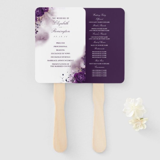 Bloemen aubergine Paarse Waterverf bruiloft progra Handwaaier (Voorkant en achterkant)