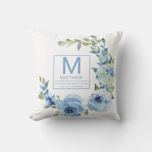 Bloemen Baby Blauw Geboortestatistieken Pasgeboren Kussen (Voorkant)