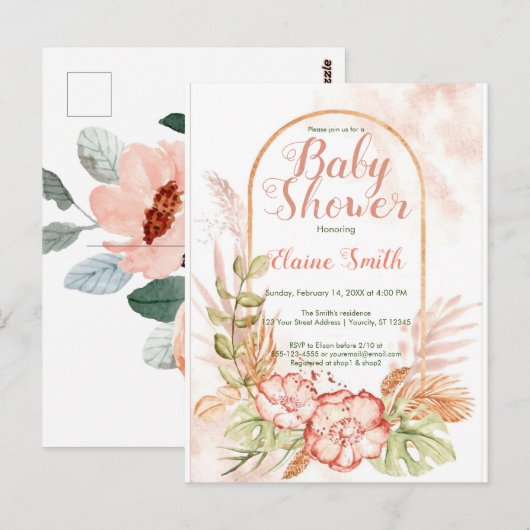 Bloemen baby douche uitnodigingen voor haar boho b (Voorkant / Achterkant)