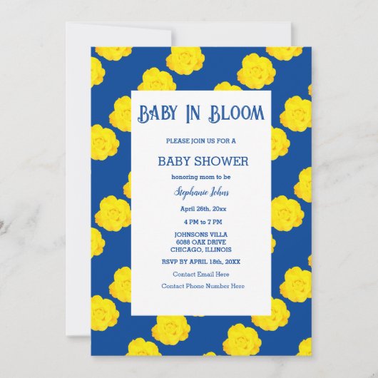 Bloemen Baby in bloei Baby shower geel Navy blauw Kaart (Voorkant)