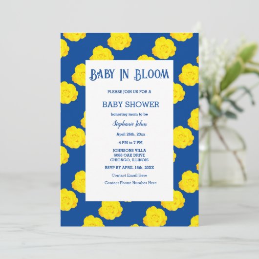 Bloemen Baby in bloei Baby shower geel Navy blauw Kaart (Staand voorkant)