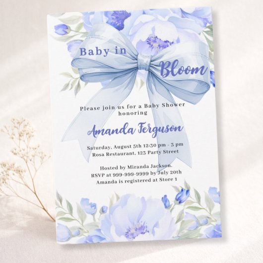 Bloemen baby in Bloom Blue Bow Boy Baby shower Kaart