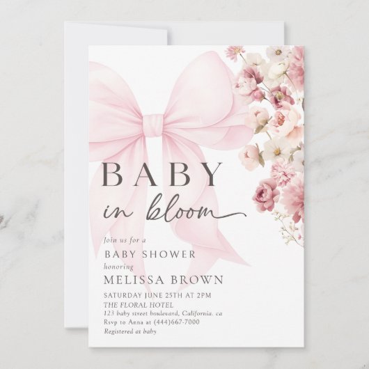 Bloemen Baby in Bloom Bow Baby shower Uitnodiging (Voorkant)