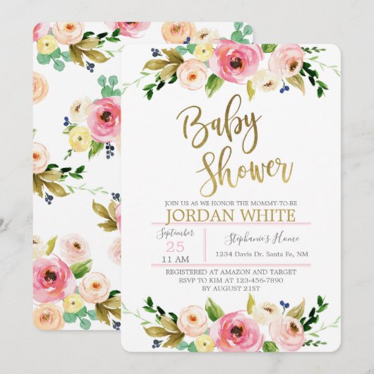 Bloemen baby meisje douche kaart (Voorkant / Achterkant)