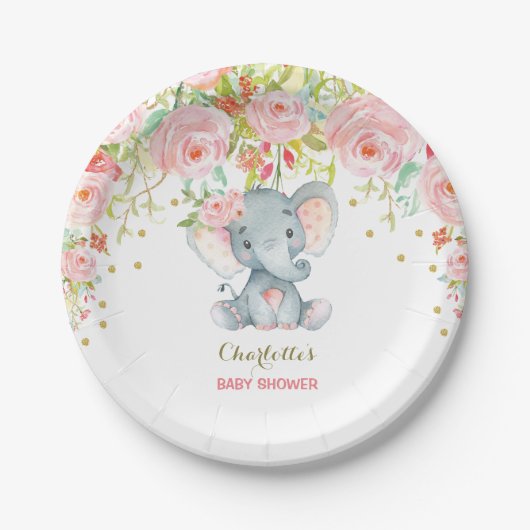 Bloemen Baby Olifant Roze Goud Verjaardag 7" Bord (Voorkant)