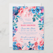 Bloemen Baby shower Blauw Roze Opslaan Datum Blush Kaart (Voorkant)