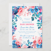  Bloemen Baby shower Blauw Roze Opslaan Datum Kaart (Voorkant)