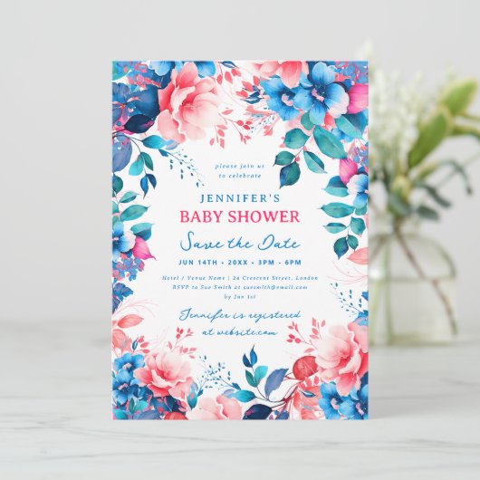  Bloemen Baby shower Blauw Roze Opslaan Datum Kaart (Staand voorkant)