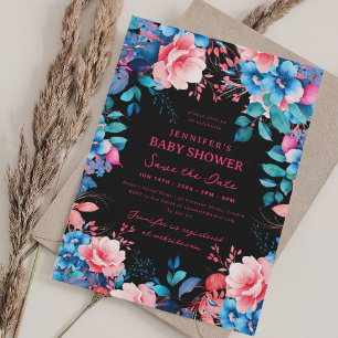 Bloemen Baby shower Blauw Roze Opslaan Datum Zwart Kaart