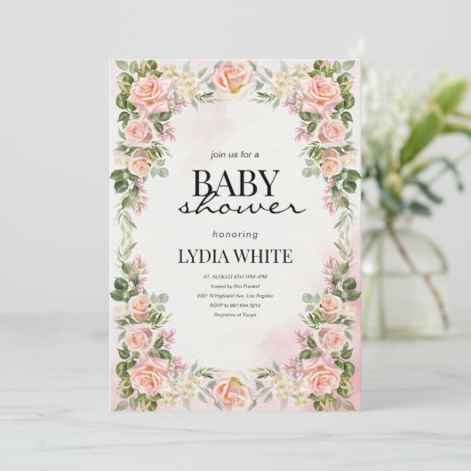 Bloemen Baby shower Blush Roze meisje Baby shower Kaart (Staand voorkant)