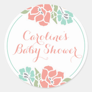 Bloemen Baby shower in Koraal en Blauwgroen Ronde Sticker