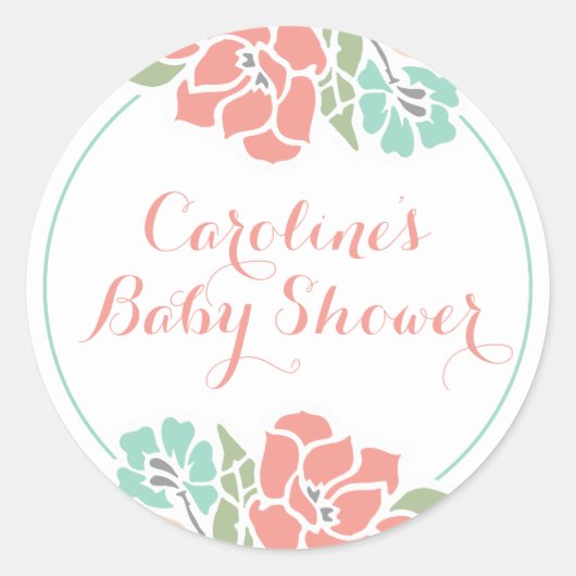 Bloemen Baby shower in Koraal en Blauwgroen Ronde Sticker (Voorkant)