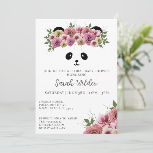 Bloemen Baby shower Panda Beer Thema Schattig Meis Kaart (Staand voorkant)