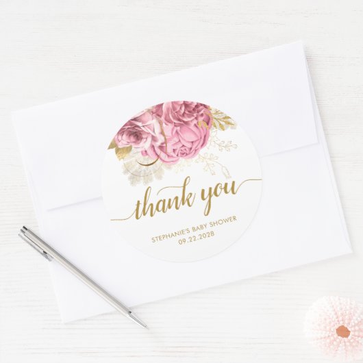 Bloemen Baby shower Roze Goud Dank u Ronde Sticker (Envelop)