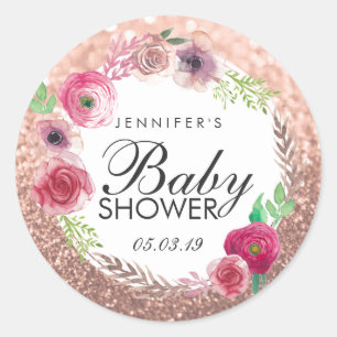 Bloemen Baby shower Roze Rose Gold Glitter Ronde Sticker