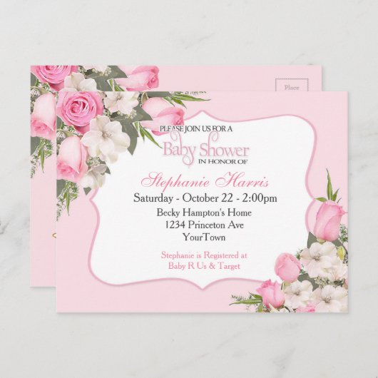 Bloemen Baby shower Uitnodiging Briefkaart Roze Ro (Voorkant / Achterkant)