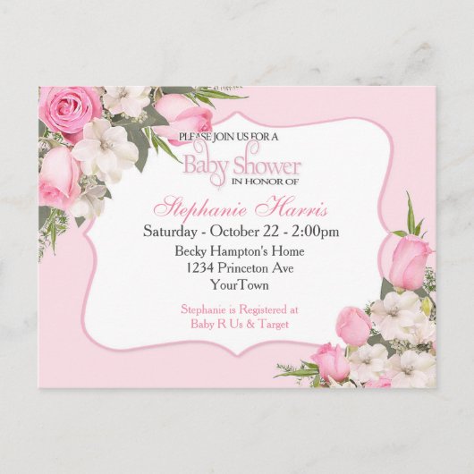 Bloemen Baby shower Uitnodiging Briefkaart Roze Ro (Voorkant)