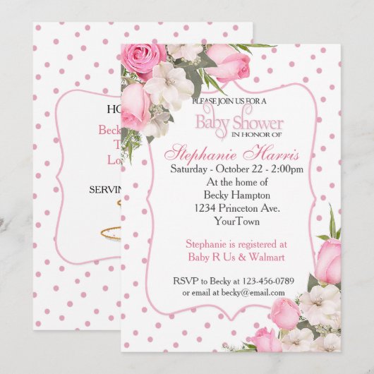 Bloemen Baby shower Uitnodiging met roze rozen (Voorkant / Achterkant)