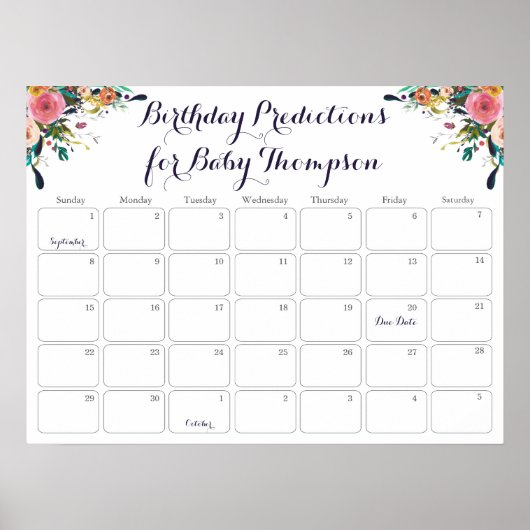 Bloemen Baby Shower Verjaardag Voorspellingskalend Poster (Voorkant)