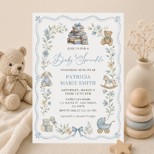 Bloemen babyfeest uitnodiging in babyblauw