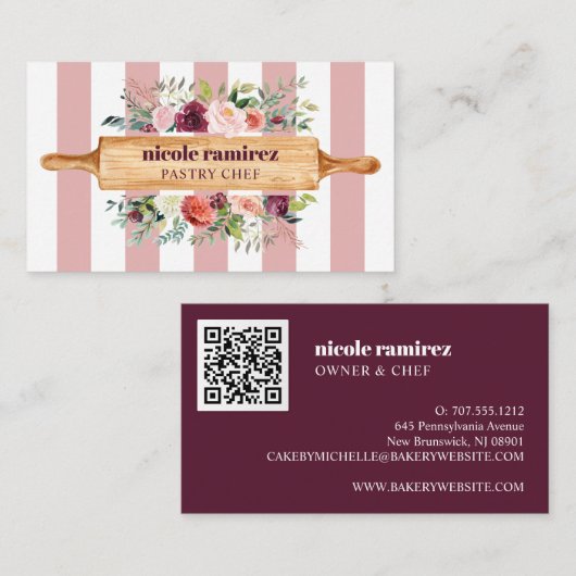 Bloemen Bakkerij Patisserie streep bordeaux QR COD Visitekaartje (Voorkant / Achterkant)