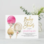 Bloemen ballon baby shower meisje uitnodiging (Staand voorkant)