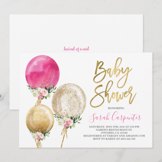 Bloemen ballon baby shower meisje uitnodiging (Voorkant / Achterkant)