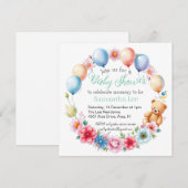 Bloemen, ballonnen, teddybeer babyshower kaart (Voorkant / Achterkant)