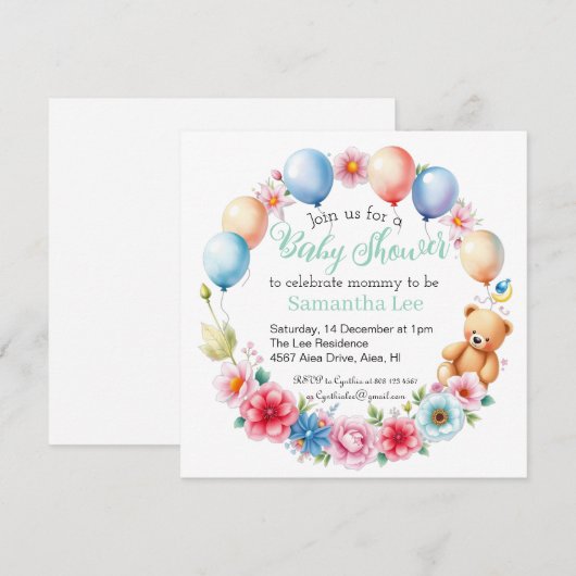 Bloemen, ballonnen, teddybeer babyshower kaart (Voorkant / Achterkant)