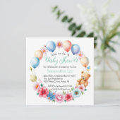 Bloemen, ballonnen, teddybeer babyshower kaart (Staand voorkant)