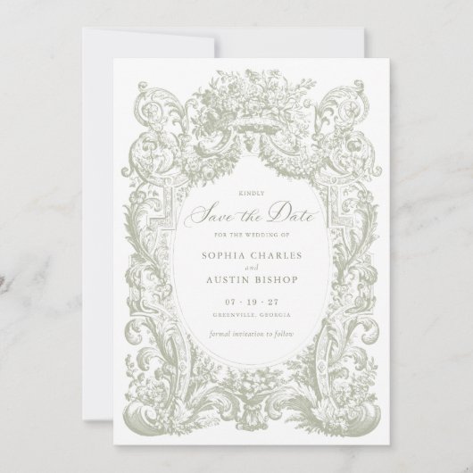 Bloemen Barok Lijst Sage Save the Date Kaart (Voorkant)
