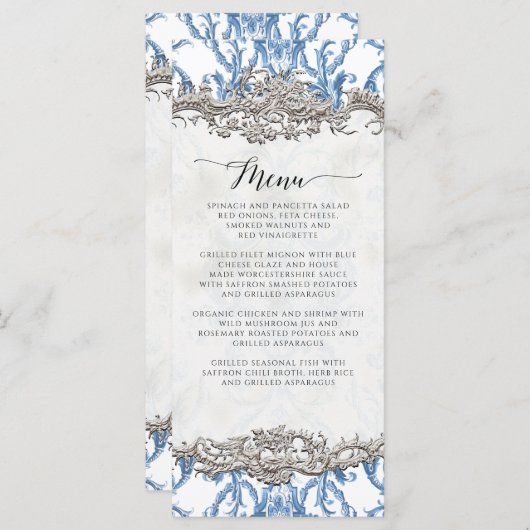 Bloemen Barok Rococo Blauw en Zilver Menu (Voorkant / Achterkant)