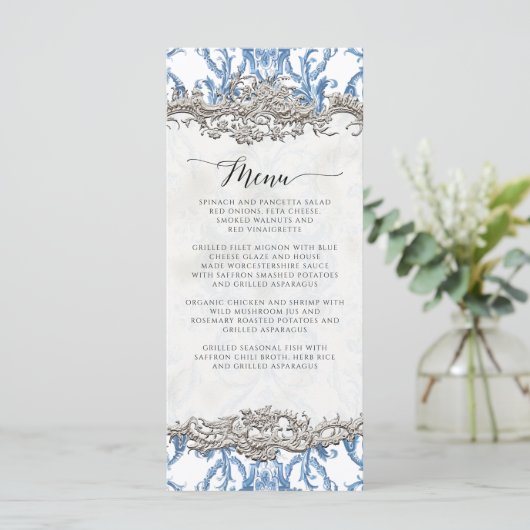 Bloemen  Barok Rococo Blauw en Zilver Menu (Staand voorkant)
