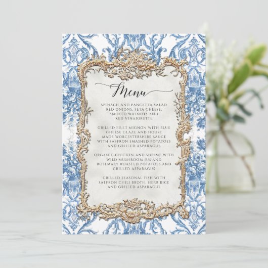 Bloemen  Barok Rococo Blauw Wit Goud Menu (Staand voorkant)